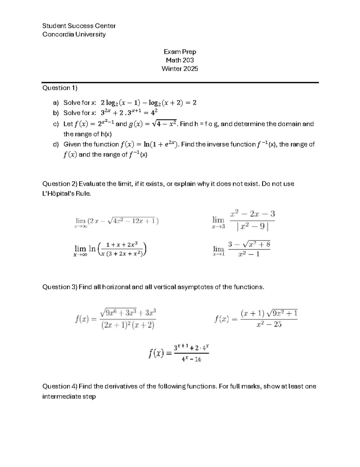 Math203 Exam Prep Winter 2025 Shayan A - Concordia University Exam Prep ...