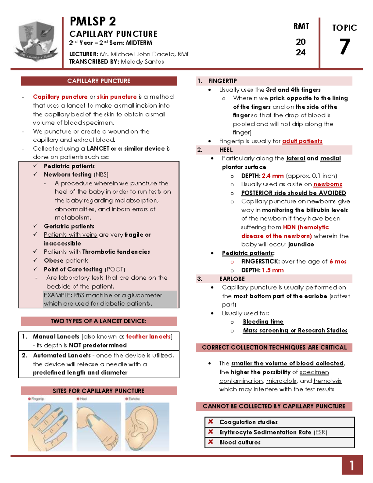 Pmlsp 2 Trans Topic-7 - PMLSP 2 CAPILLARY PUNCTURE 2 nd Year – 2 nd Sem ...