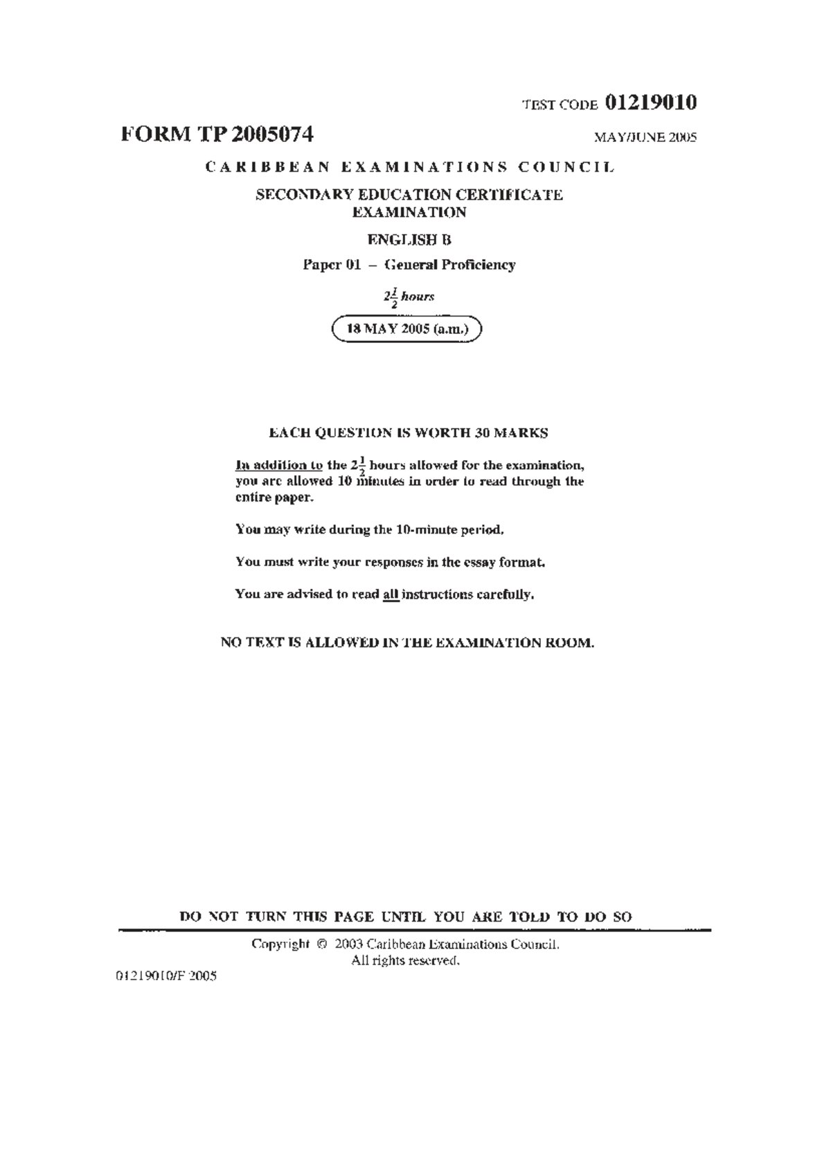 CSEC English B Paper 01 General Proficiency Exam 2005 - Studocu
