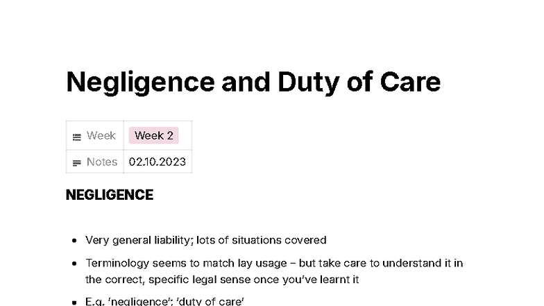Negligence and Duty of Care: Week 2 Lecture Notes (02.10.2023) - Studocu