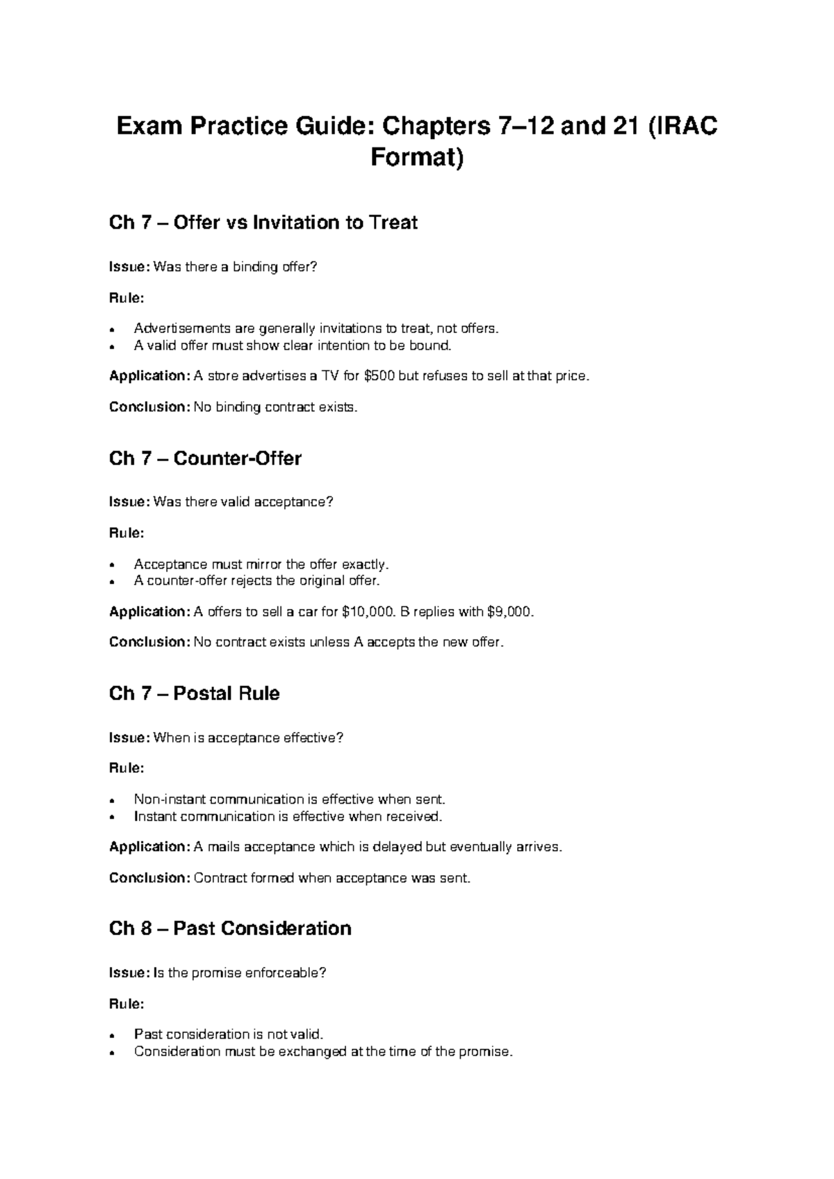 Contract Law Exam Practice Guide: Chapters 7-21 (IRAC Format) - Studocu