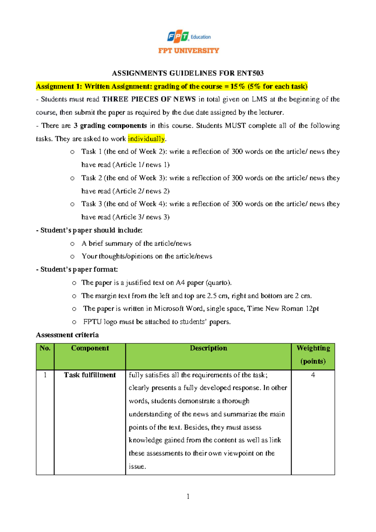 ENT503 Assignment 1 SP23 - ASSIGNMENTS GUIDELINES FOR ENT Assignment 1 ...