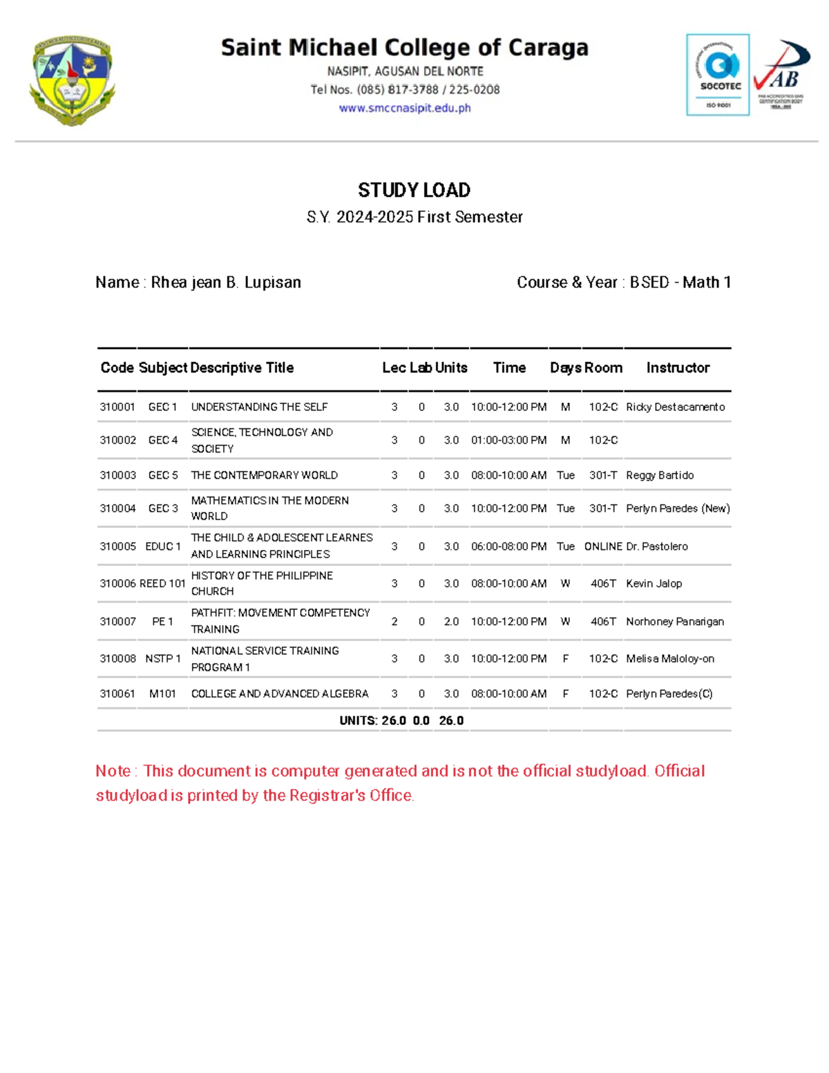 SMCC Print Study Load - None - STUDY LOAD S. 2024-2025 First Semester ...
