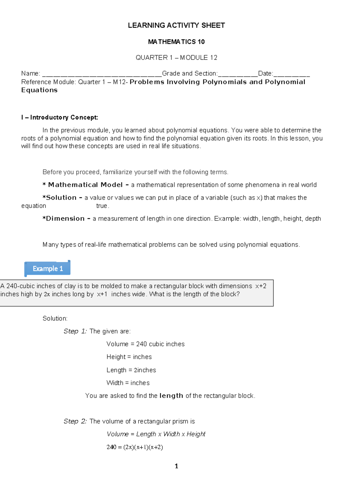 MATH 10 Learning Activity: Polynomials & Equations Guide - Studocu