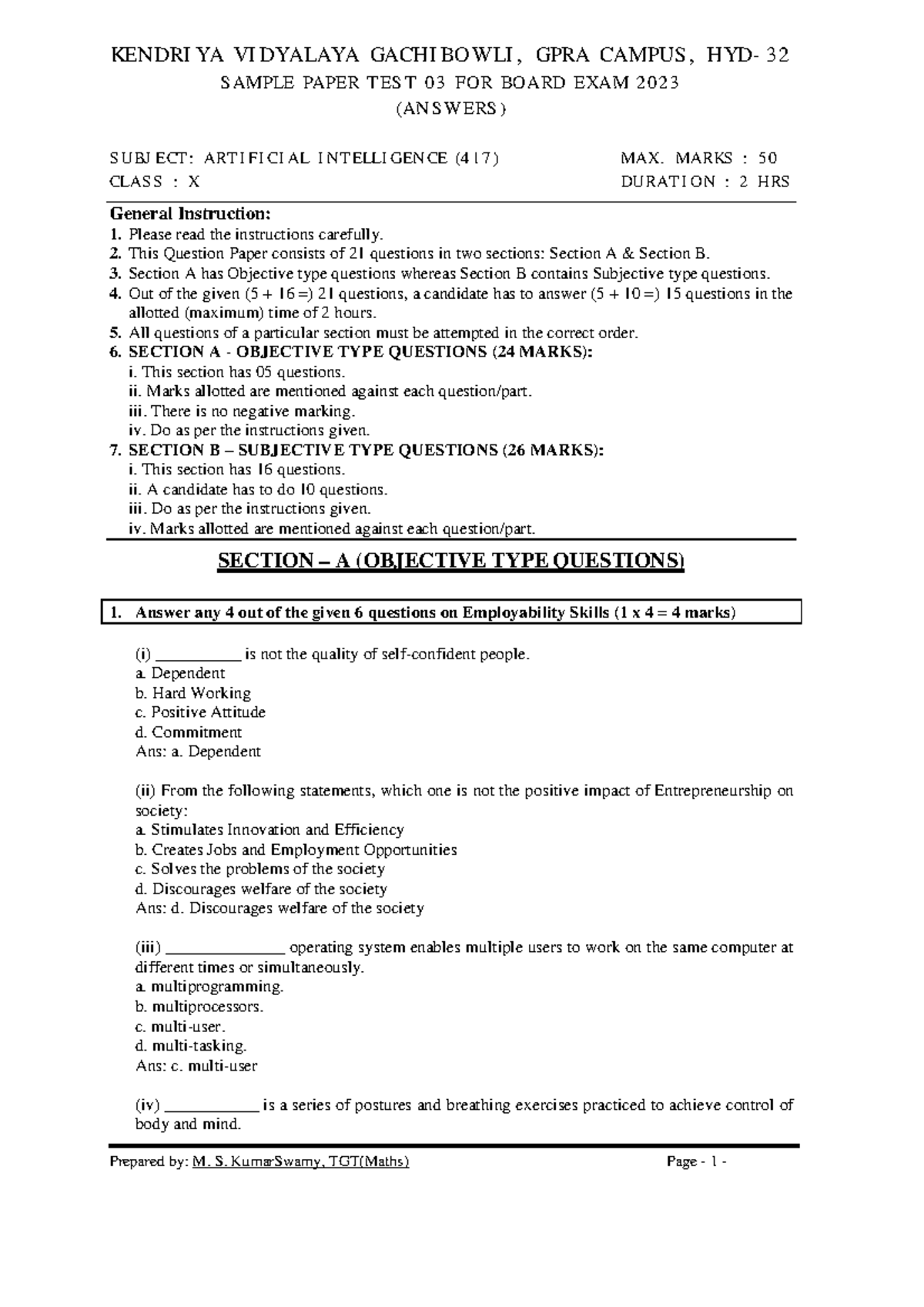 Artificial Intelligence (417) Class X Sample Paper Test 03 (Answers ...