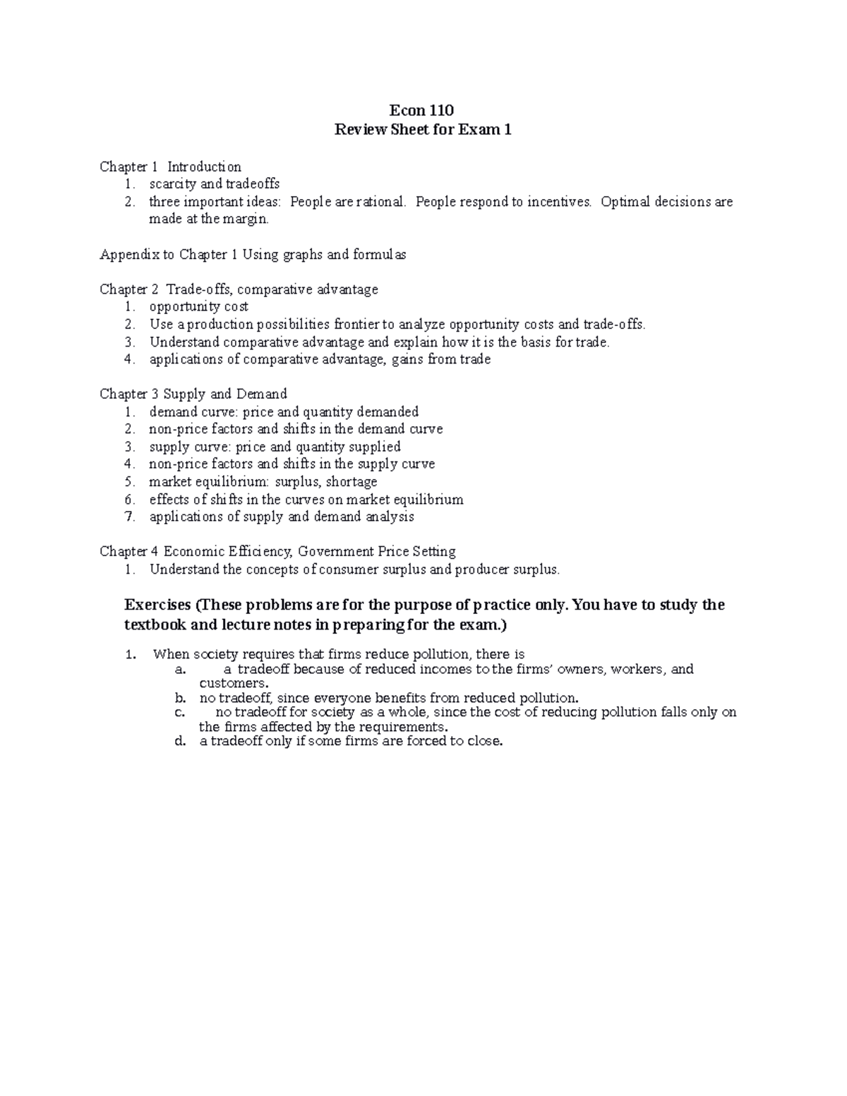 ECON 110 Exam 1 Comprehensive Review Guide - Studocu