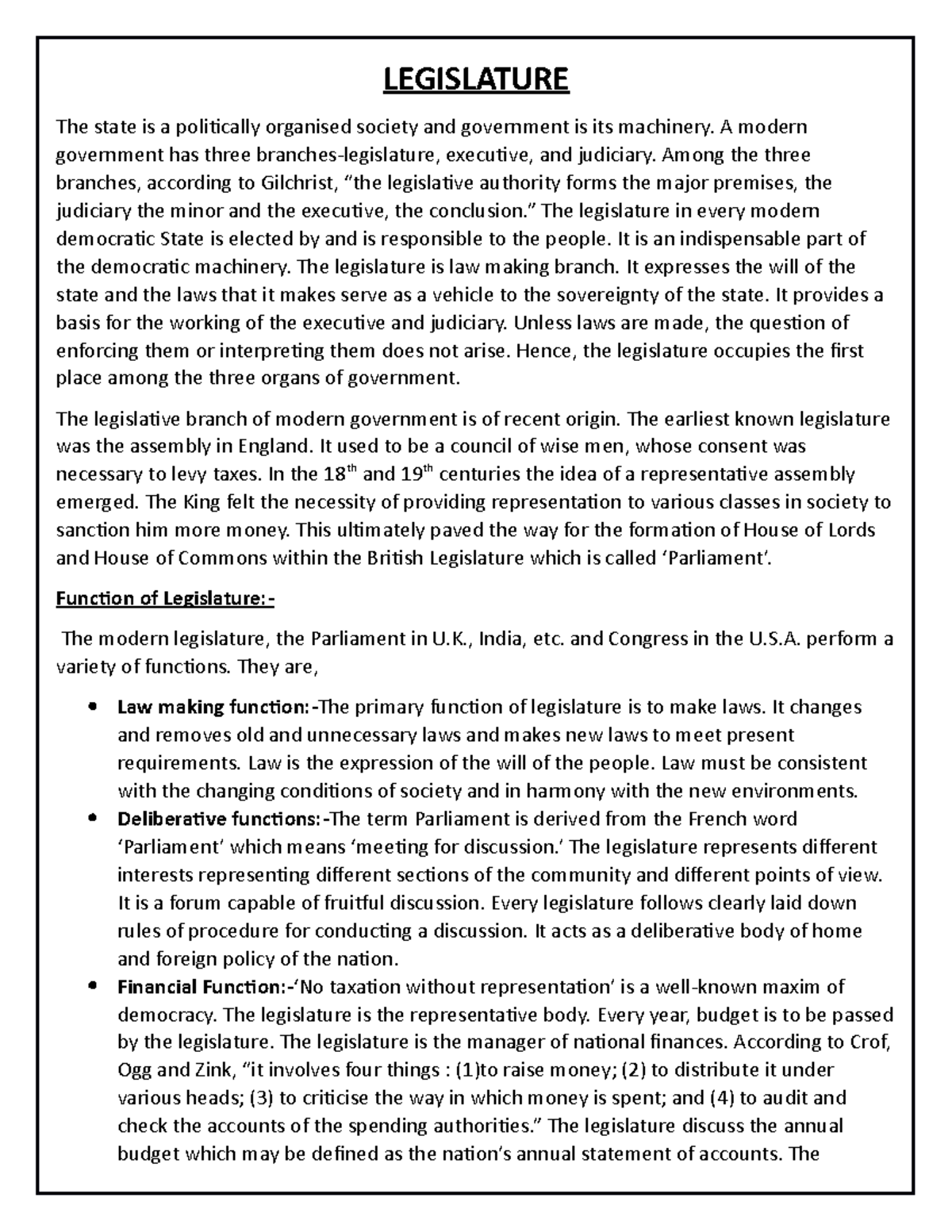 Legislature Functions and Structure in Political Science (PSC102) - Studocu