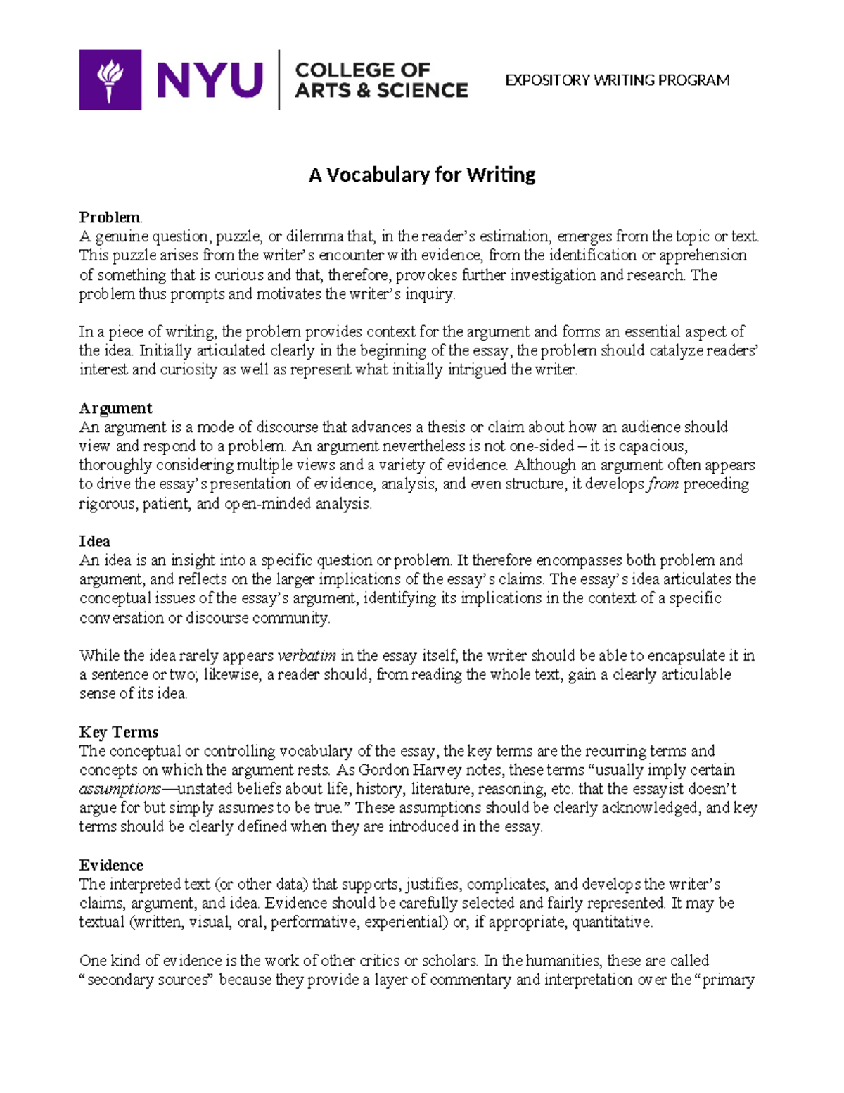 EWP 101 Writing Guide: Essential Vocabulary for Expository Writing ...