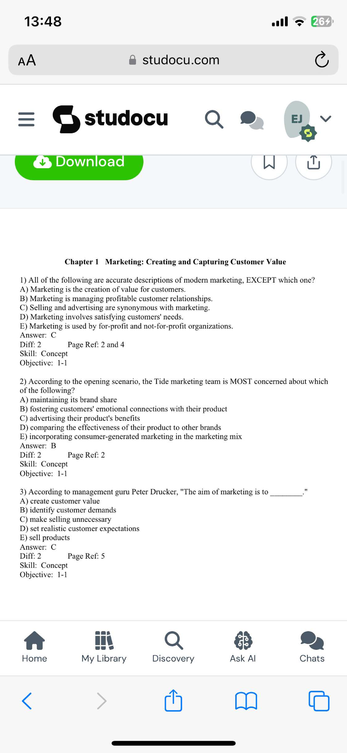 Marketing Quiz: Chapter 1 - Creating and Capturing Customer Value (MKT ...