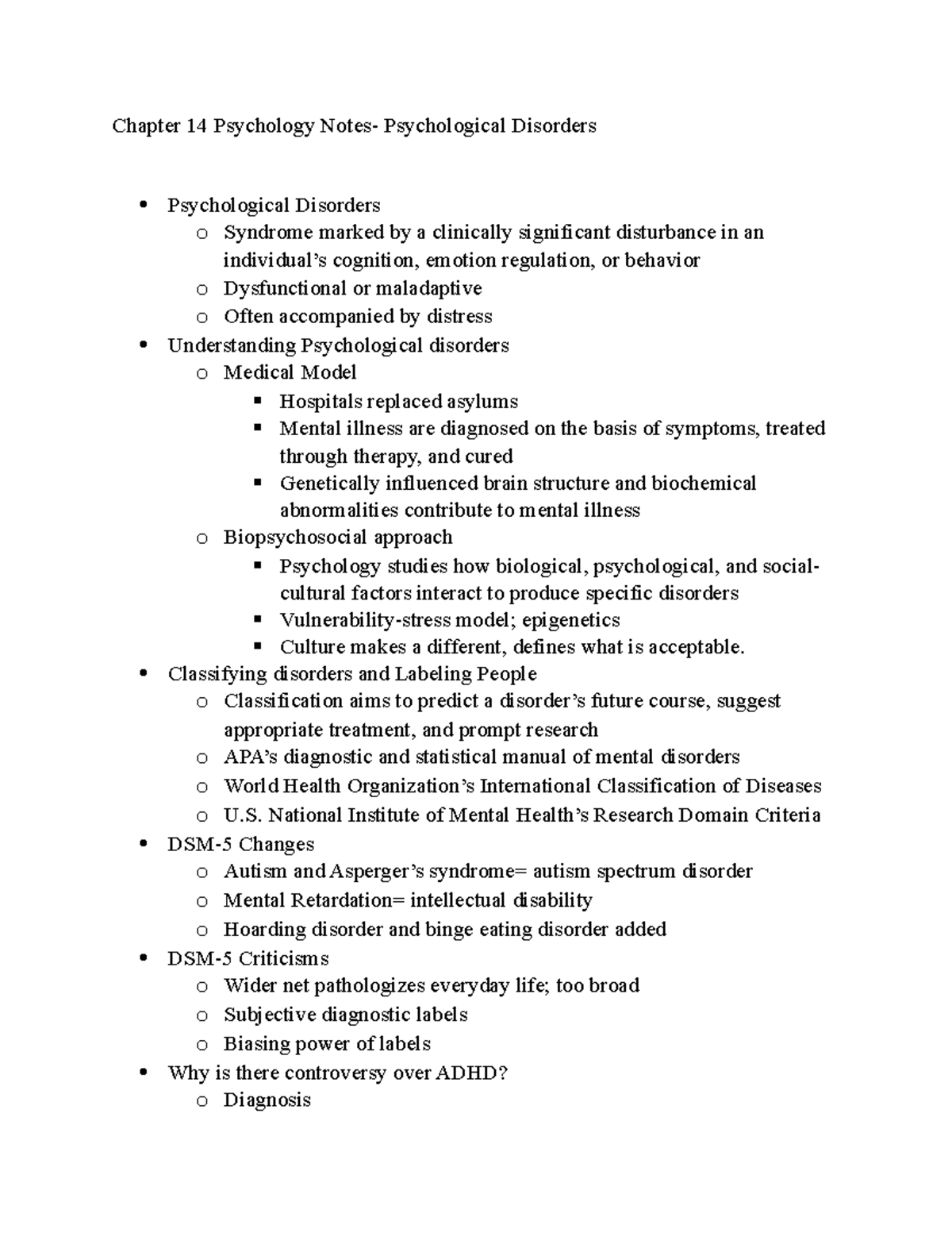Psychology Chapter 14 Notes: Understanding Psychological Disorders ...