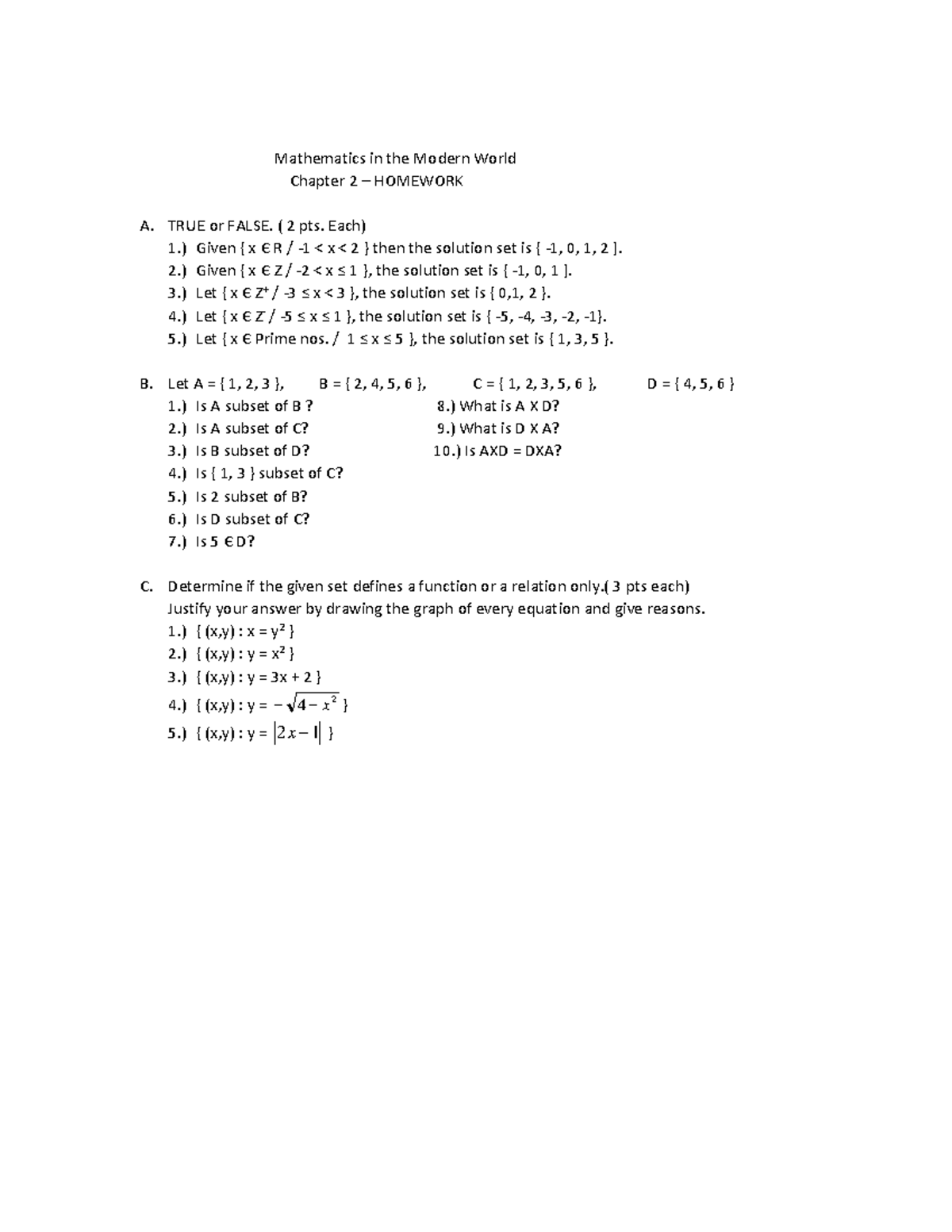 Homework Assignment for Chapter 2 in MMW: True/False Questions and Set ...