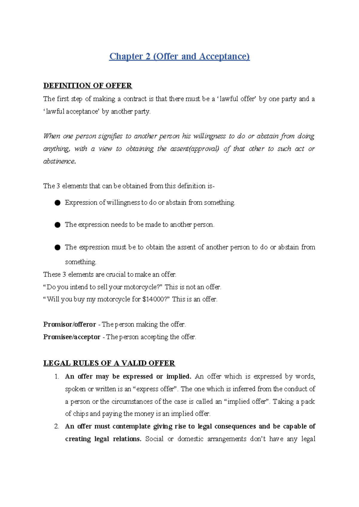 Ch 2-Offer & Acceptance - Chapter 2 (Offer and Acceptance) DEFINITION ...