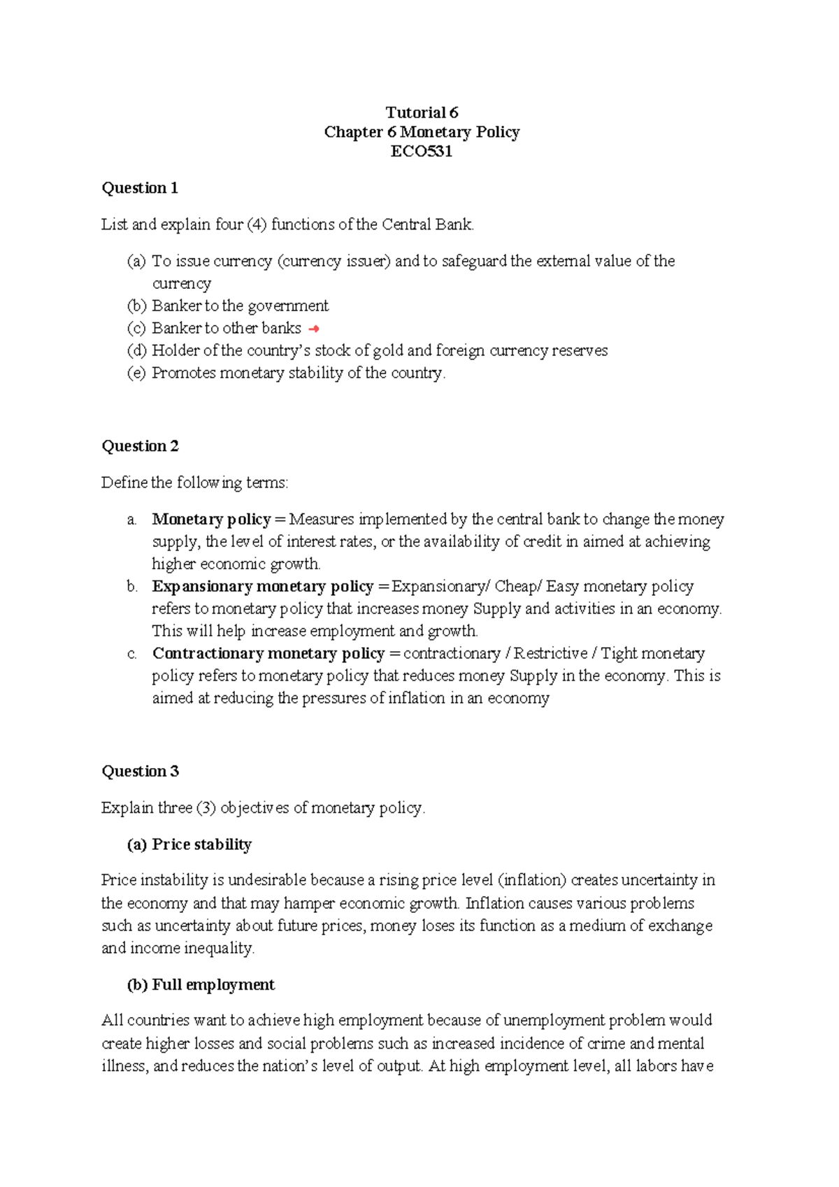 Tutorial 6: Functions and Tools of Monetary Policy in ECO531 - Studocu