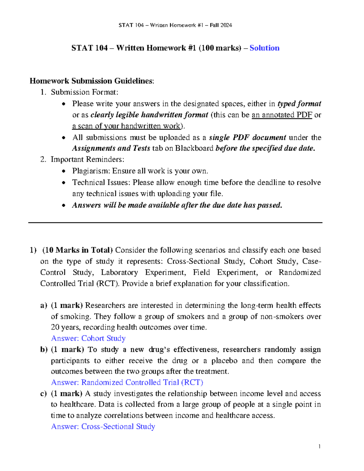 STAT 104 – Written Homework #1 Solutions – Fall 2024 (100 Marks) - Studocu