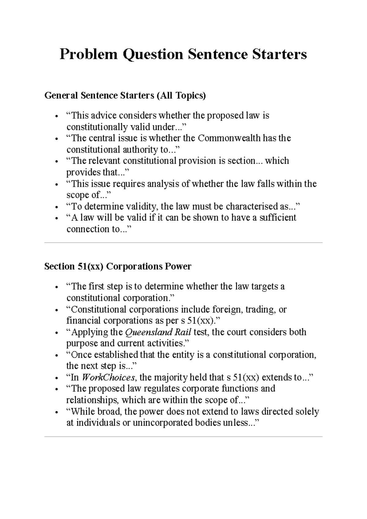 Problem Question Sentence Starters: Constitutional Validity Analysis ...
