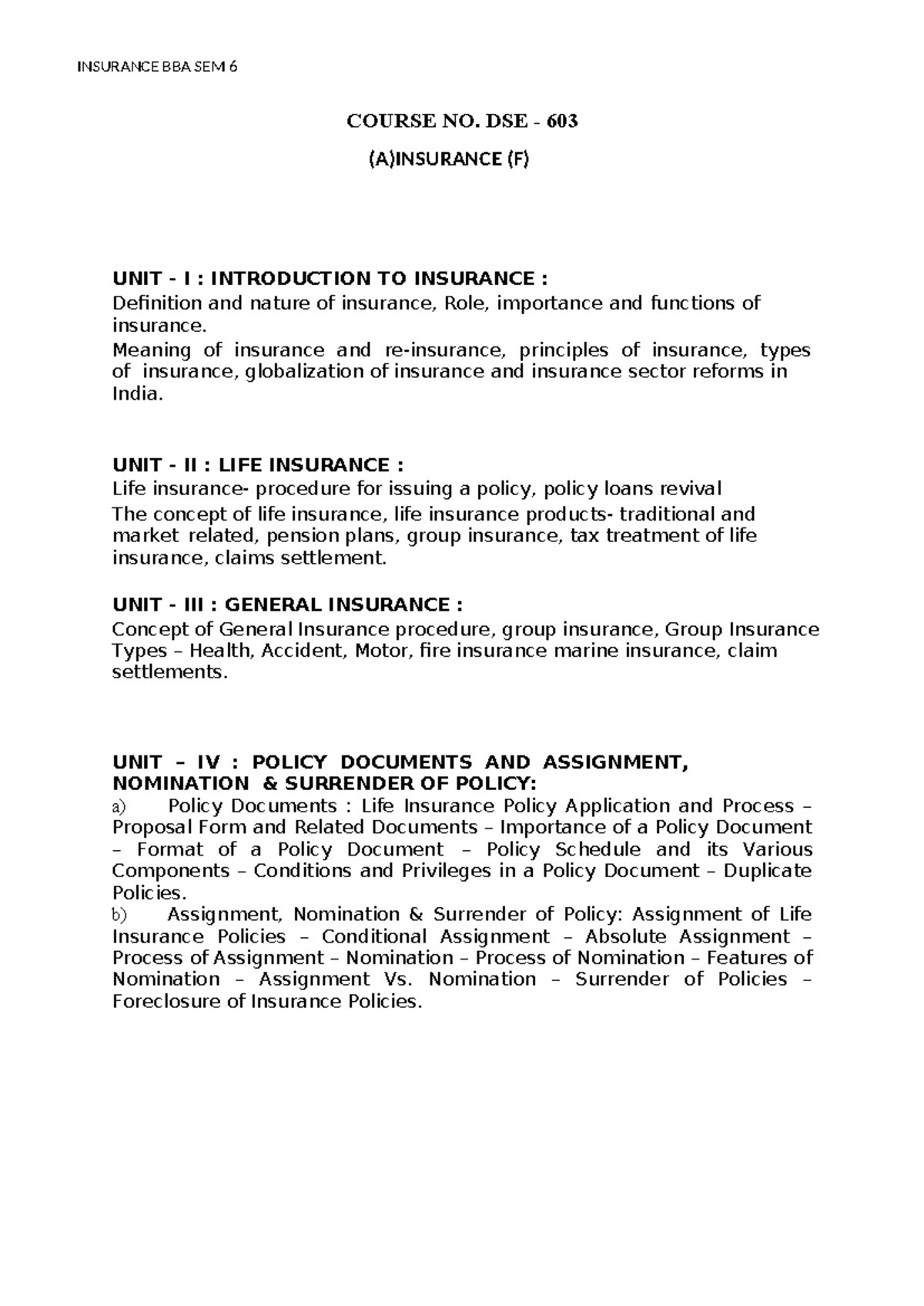 Insurance - COURSE NO. DSE - 603 (A)INSURANCE (F) UNIT - I ...