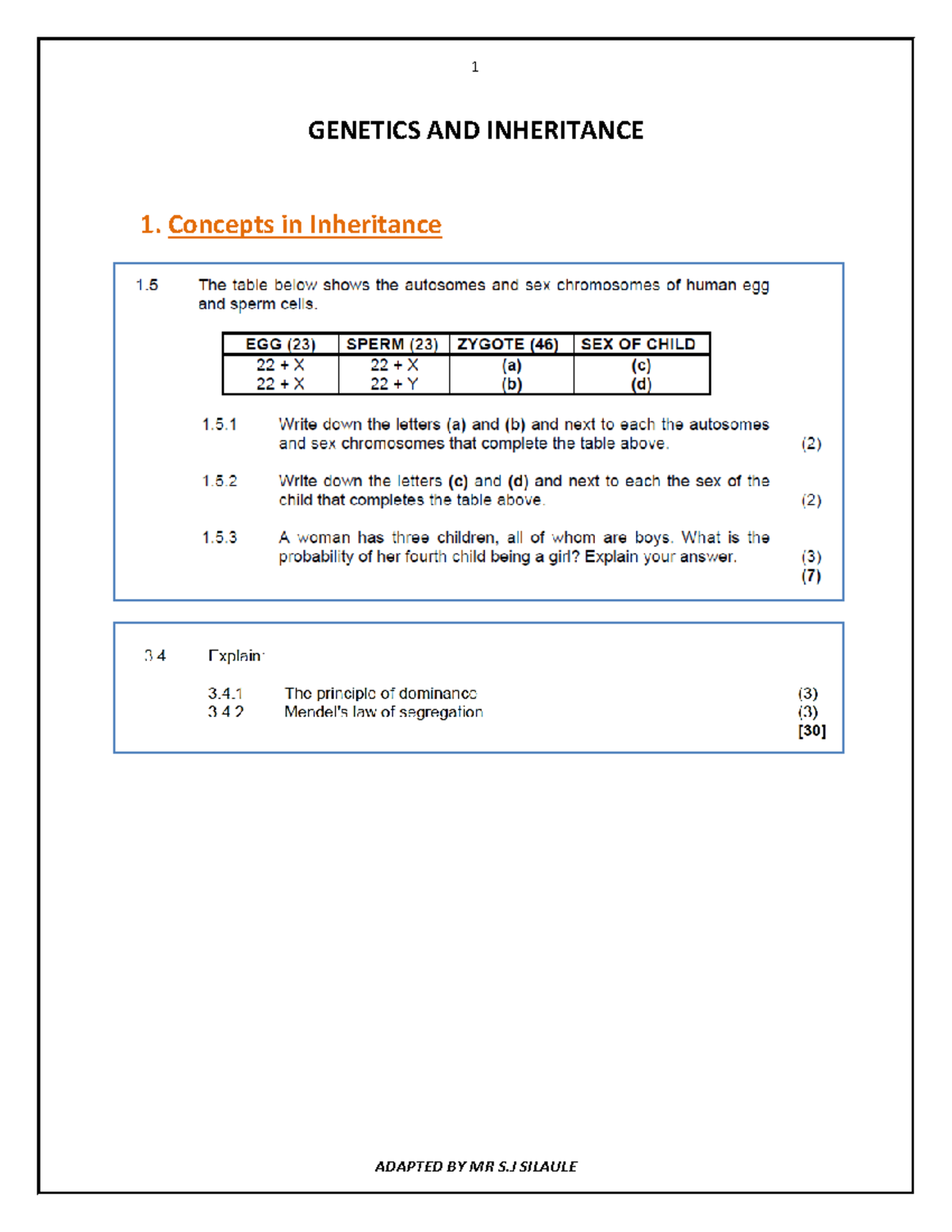 Genetics and Inheritance Activities - Student Copy - Studocu
