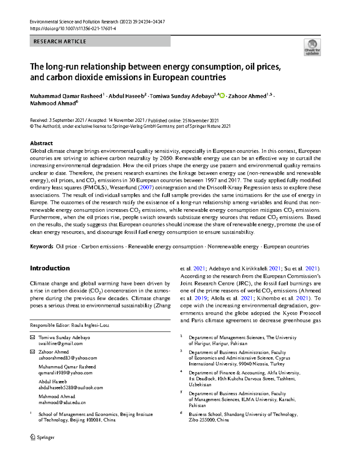 The Relationship Between Energy Consumption, Oil Prices, and CO2 ...