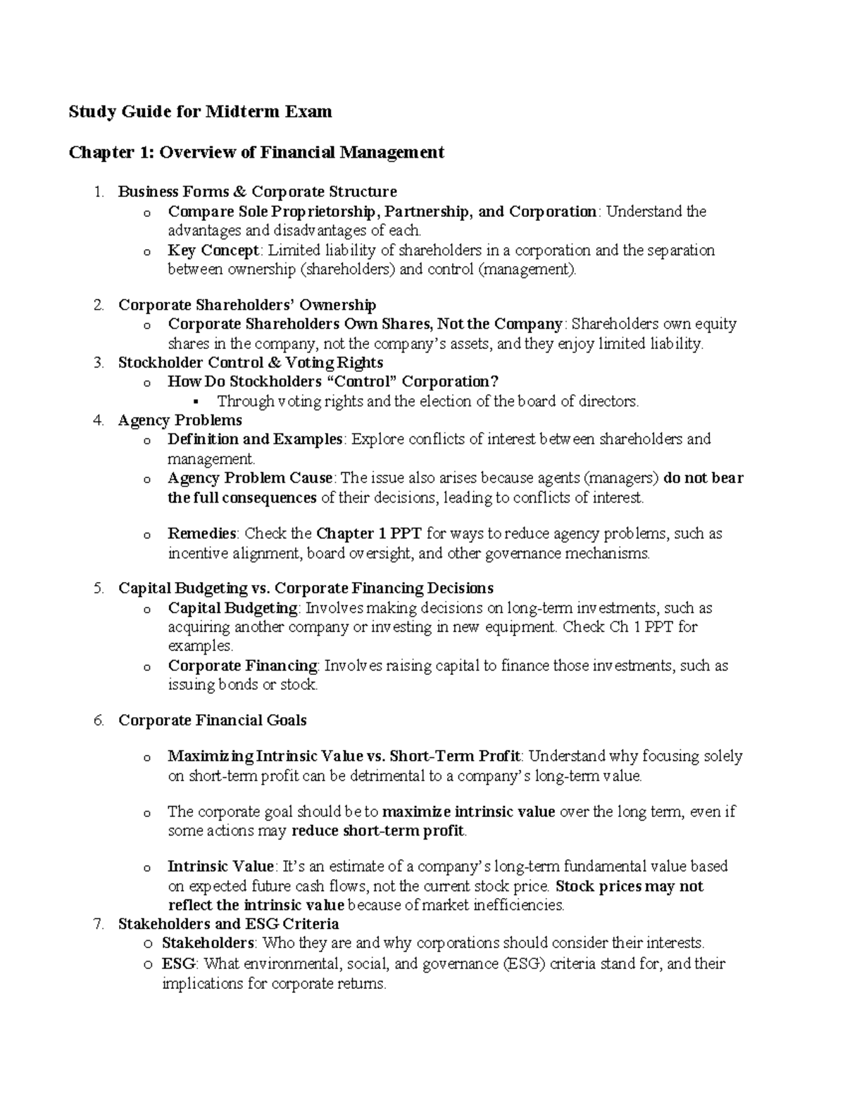 Midterm Study Guide: Financial Management & Time Value of Money ...
