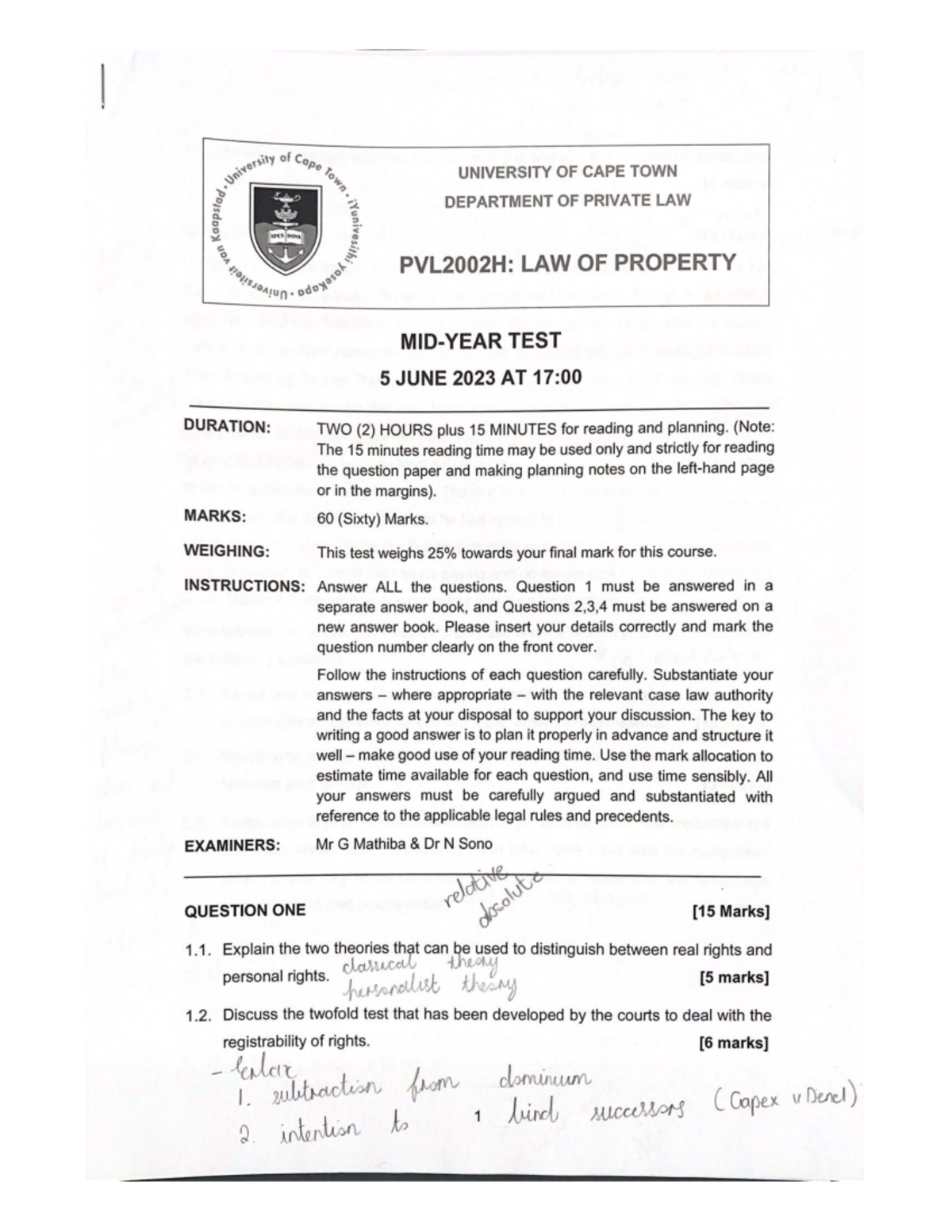 PVL2002H: Law of Property Test - Past Paper June 2023 - Studocu