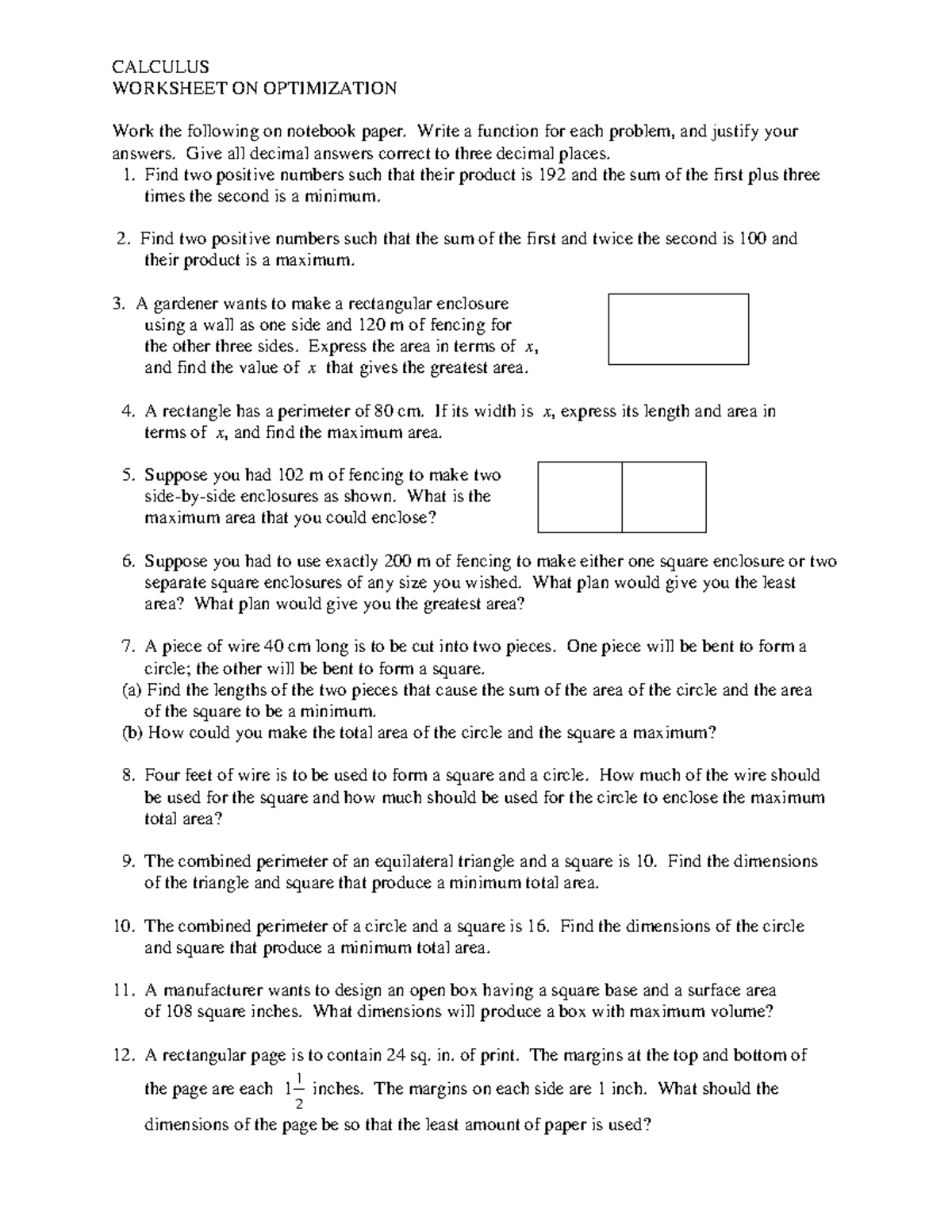 work Optimization - CALCULUS WORKSHEET ON OPTIMIZATION Work the ...
