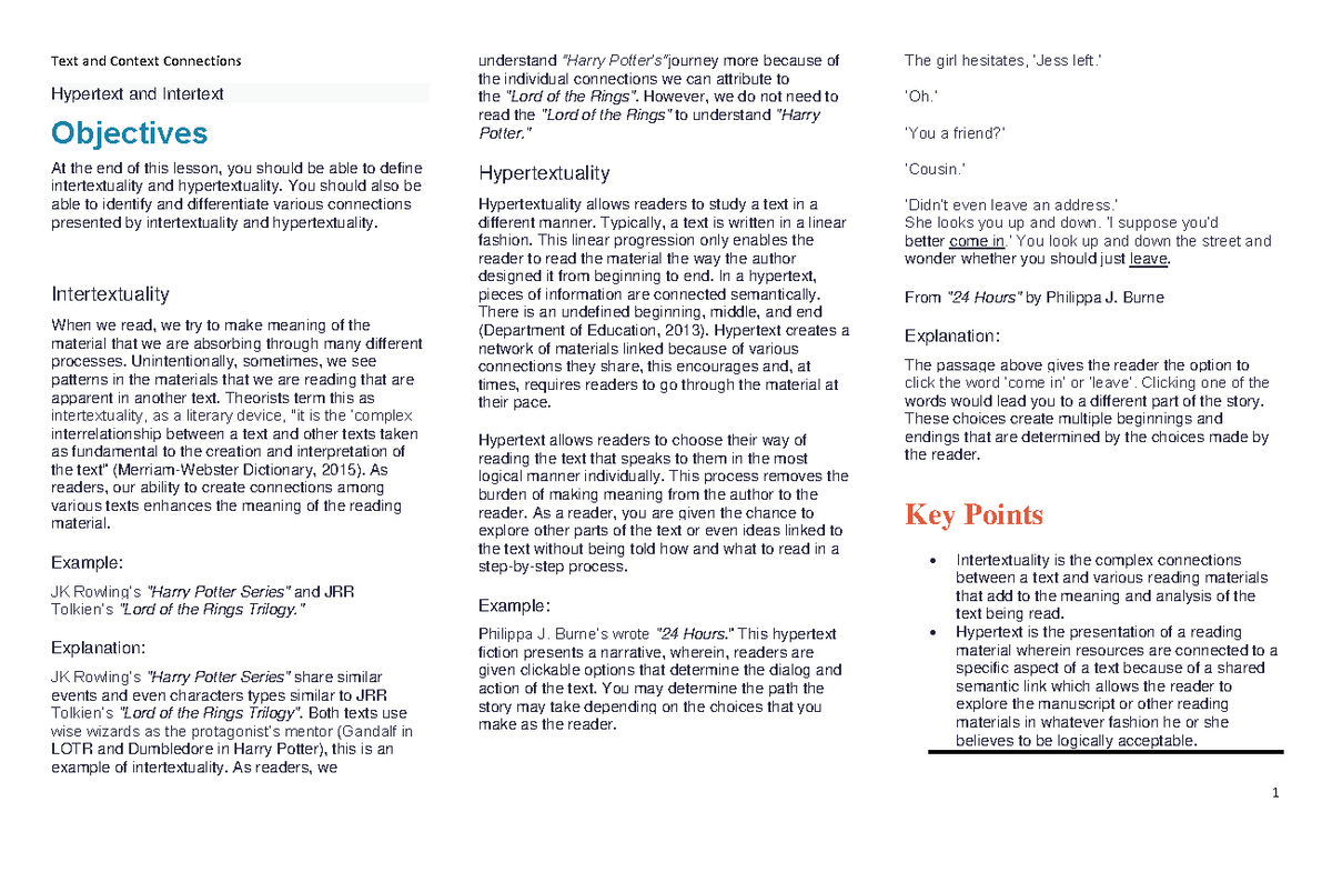 Text and Context Connections: Exploring Intertextuality and Hypertext ...