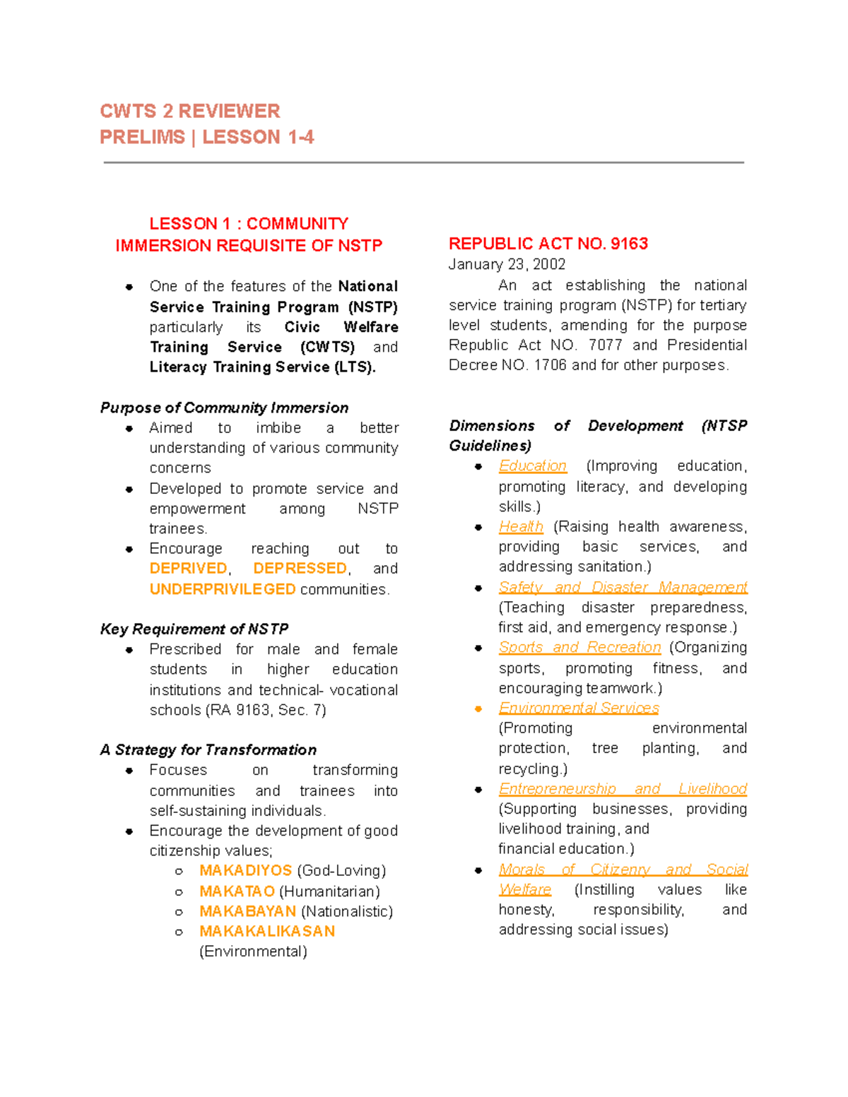 CWTS 2 PRELIM REVIEWER: COMMUNITY IMMERSION & NSTP PRINCIPLES - Studocu