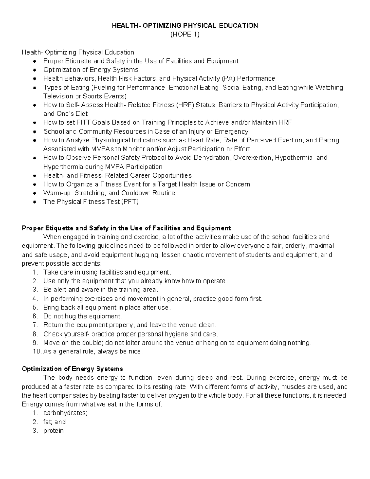 HOPE-1 1st-Sem - First Semester Notes Physical Education - HEALTH ...