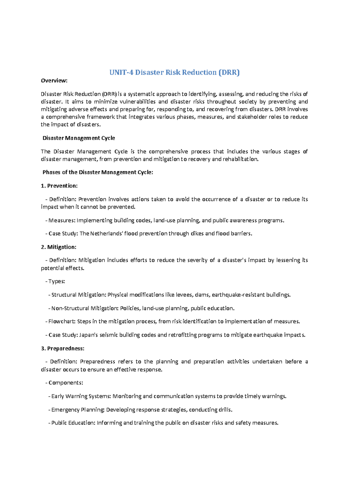 DPPM Unit-4 Summary: Disaster Risk Reduction (DRR) Insights - Studocu
