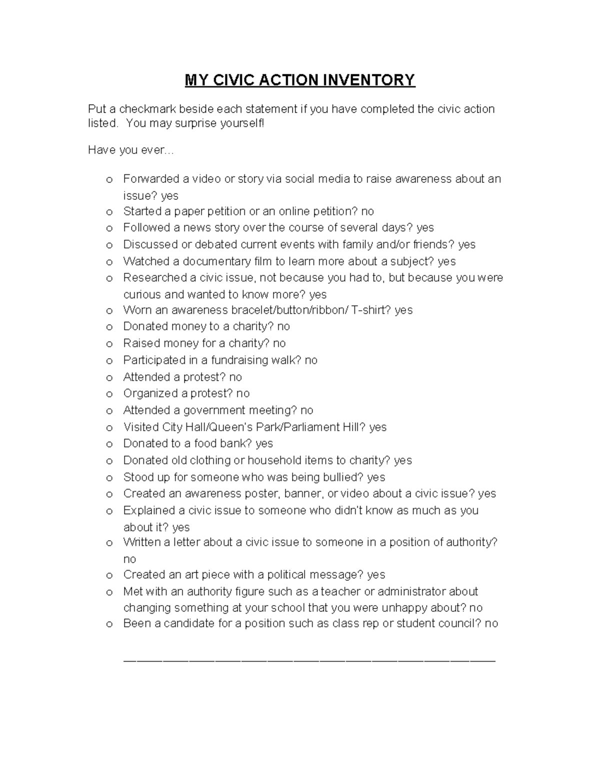 CIVIC ACTION INVENTORY: Personal Engagement Checklist - Studocu
