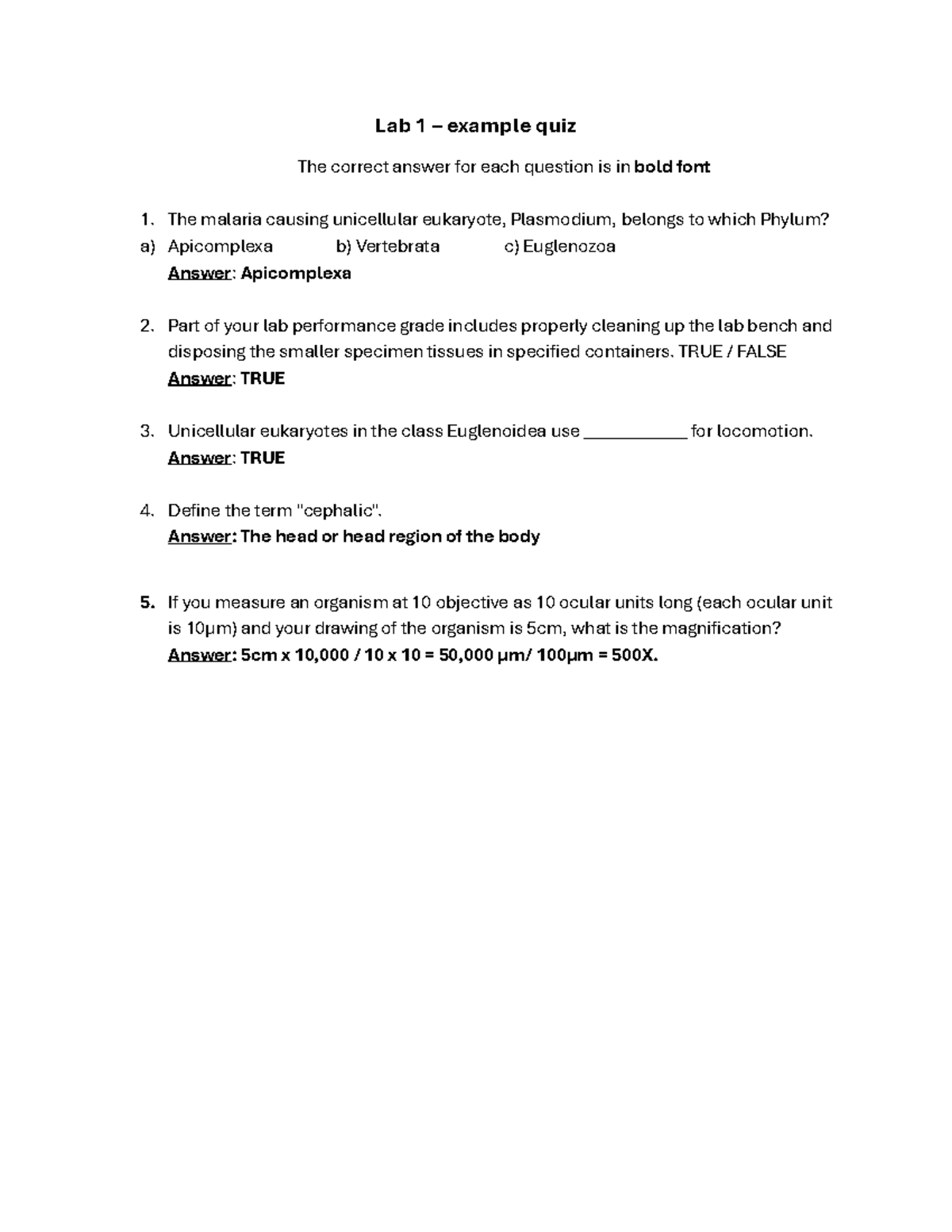 Lab 1 Quiz Example: Unicellular Eukaryotes & Lab Practices - Studocu