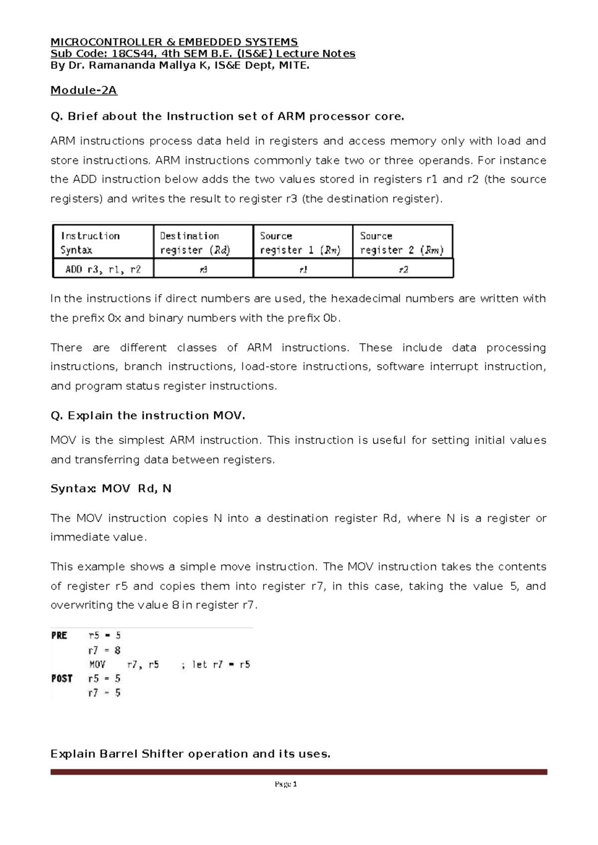 MCES-18CS44: ARM Processor Instruction Set Lecture Notes - Studocu