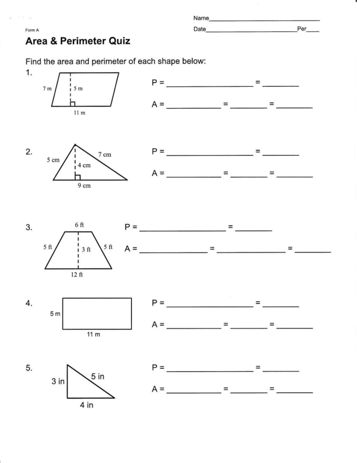 Area and Perimeter Quiz - Name Form A - Studocu