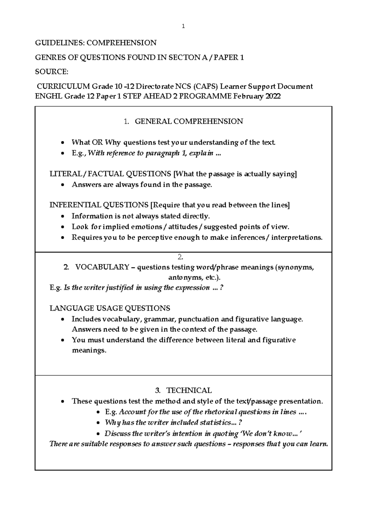 Guidelines for Comprehension Questions in ENGHL Grade 12 Paper 1 - Studocu