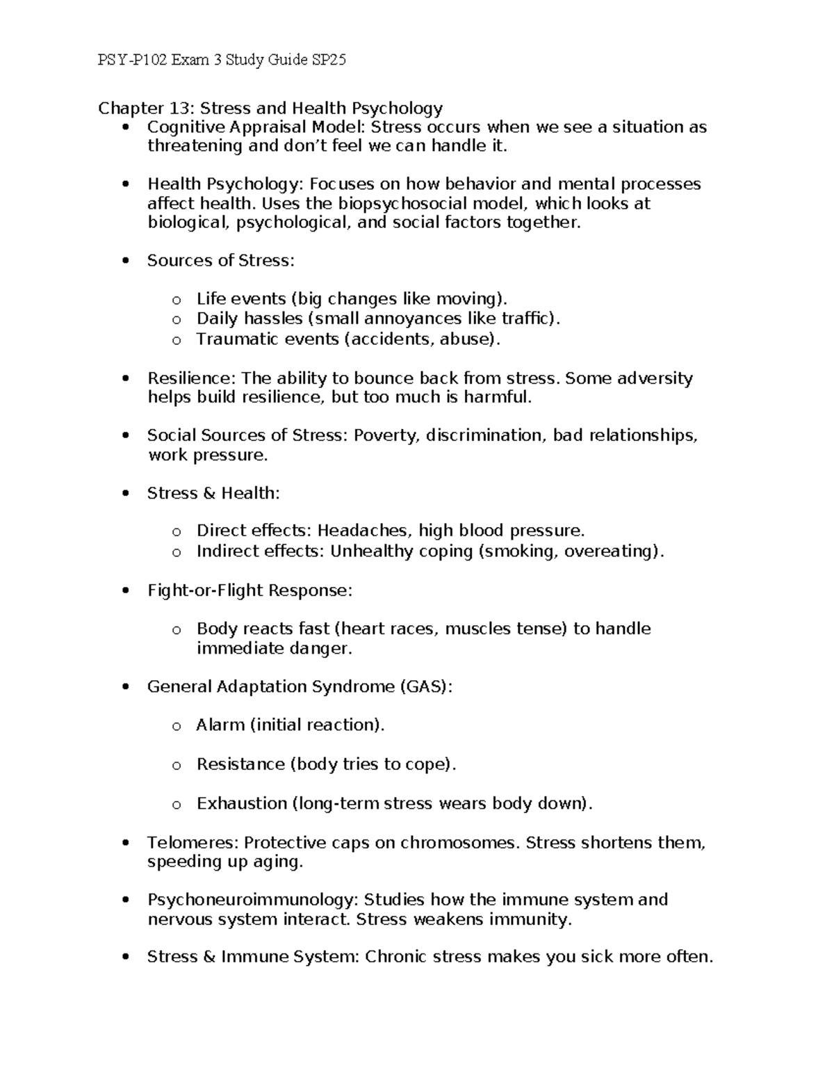 PSY-P102 Exam 3 Study Guide: Stress, Health Psychology & Disorders ...