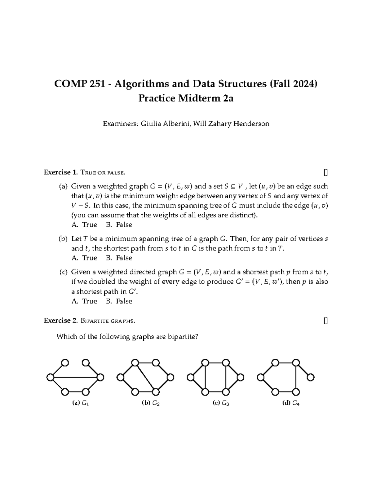 COMP251 Practice Midterm 2a - Algorithms & Data Structures (Fall 2024 ...