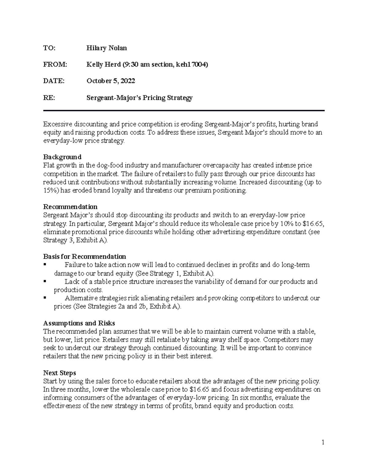 Case Memo Example(3) - Pricing Strategy Recommendations for Sergeant ...