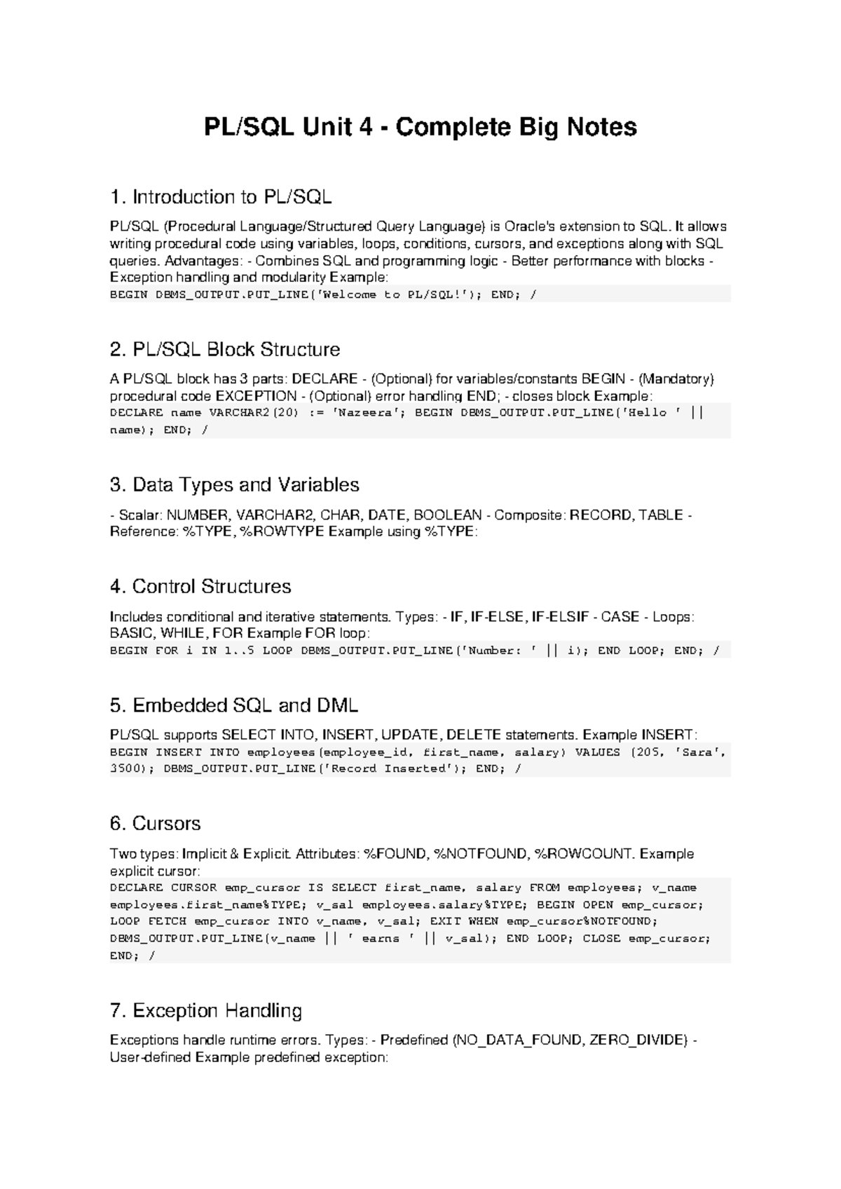PLSQL Unit 4 Big Notes: Introduction to Procedural Query Language - Studocu