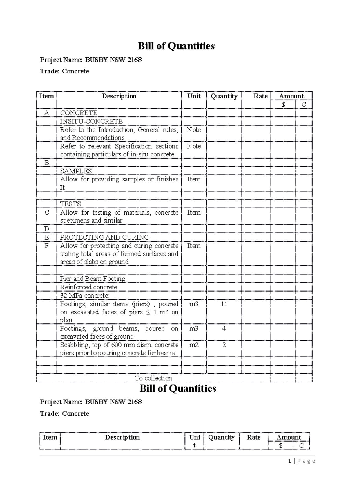 Concrete Measurement Assessment 2 - Bill of Quantities & Take-off - Studocu