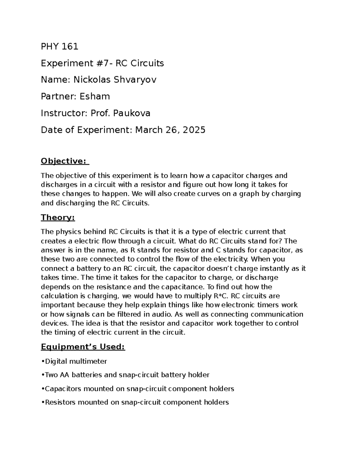 EXP 7 PHY 161 - RC Circuits Experiment Analysis and Results - Studocu