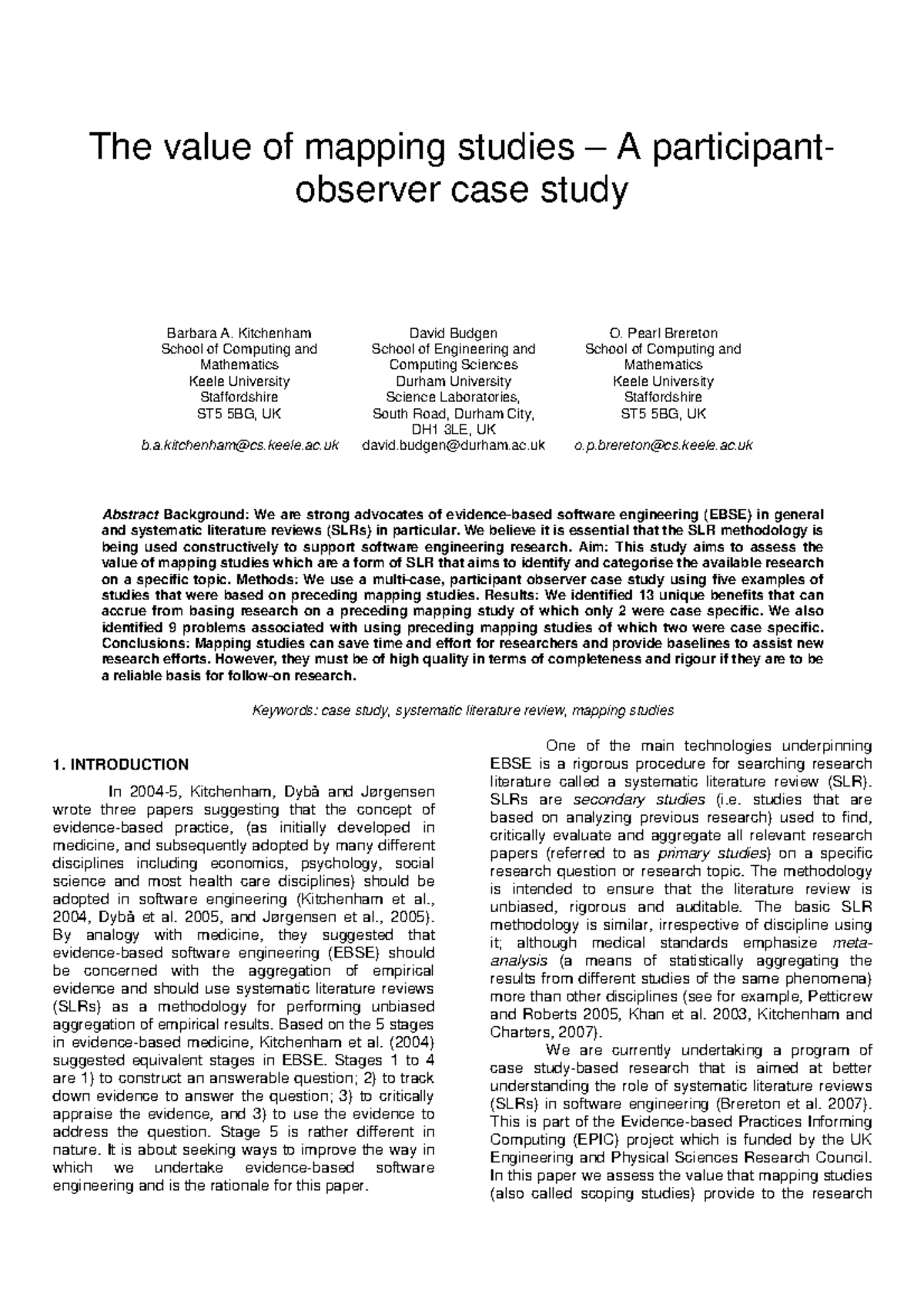 Mapping Studies in Software Engineering: A Case Study Assessment - Studocu