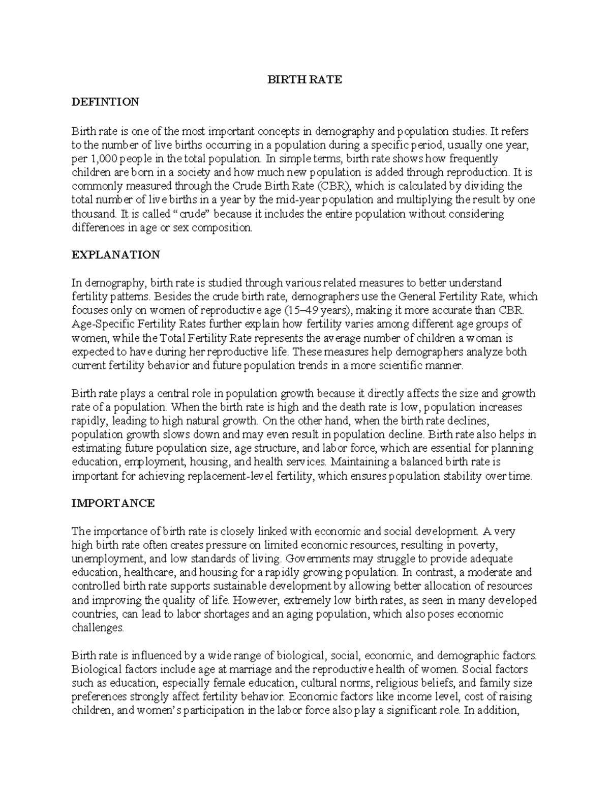 Demography Study: Understanding Birth Rate and Its Impact - Studocu