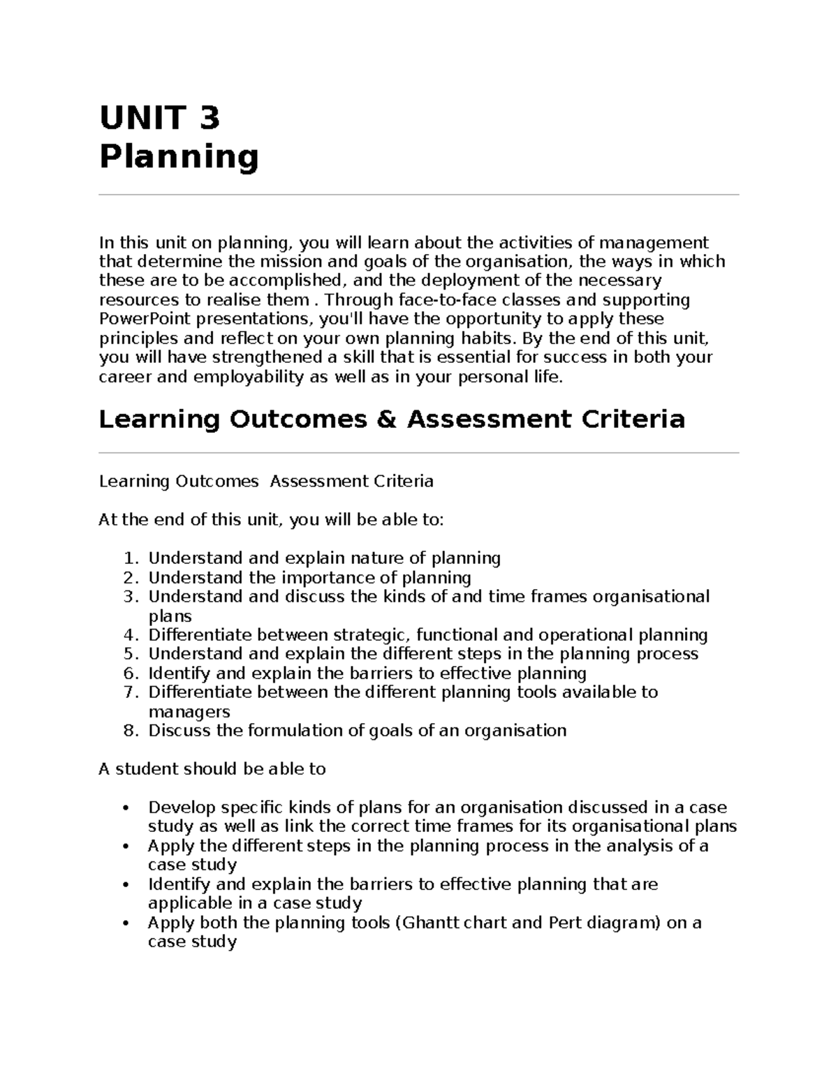 UNIT 3 Planning: Learning Outcomes and Key Concepts - Studocu