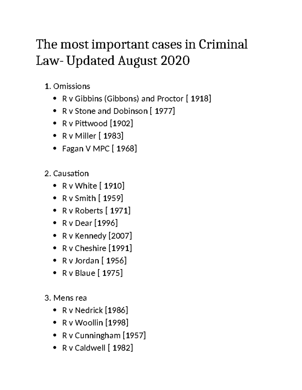 Criminal Law Cases Overview (Updated Aug 2020) - Studocu