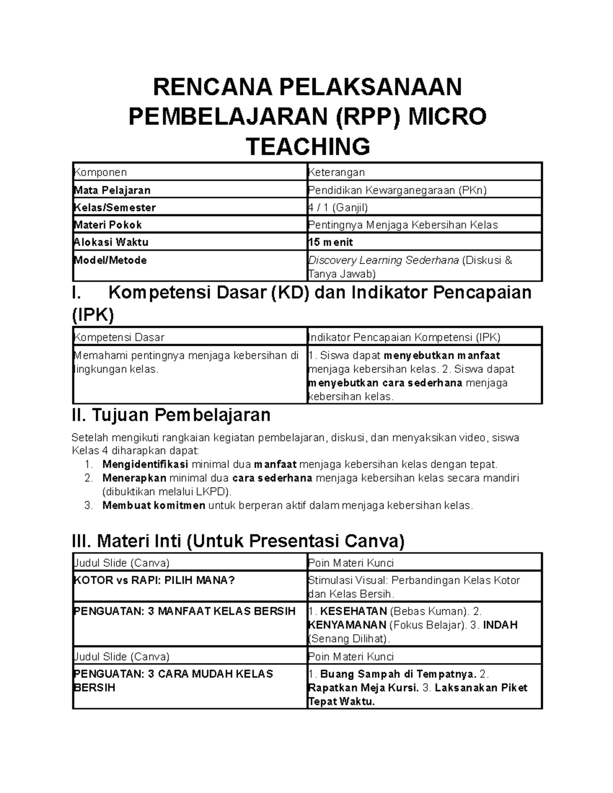 RPP Micro Teaching PKn Kelas 4: Menjaga Kebersihan Kelas - Studocu