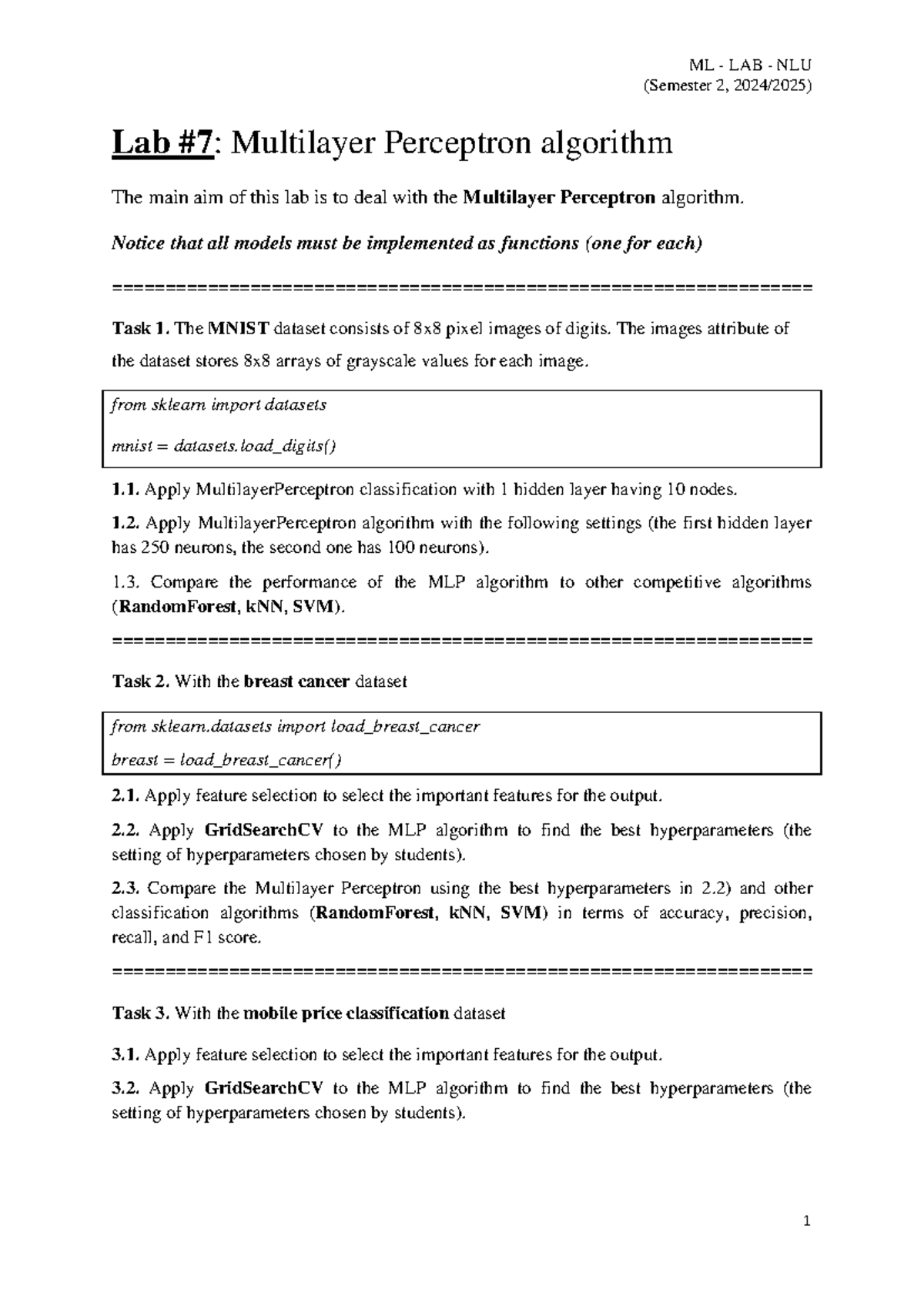 ML LAB NLU: Lab 7 on Multilayer Perceptron Algorithm Analysis - Studocu