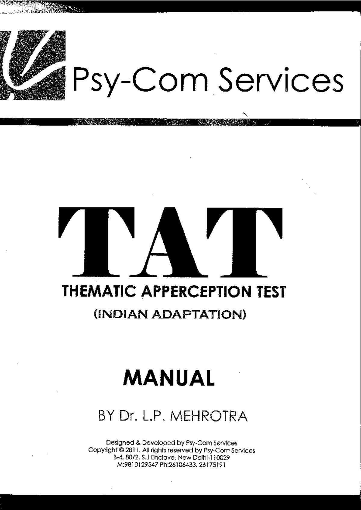 TAT Manual - Dr. Mehrota - Thematic Apperception Test Guidelines - Studocu