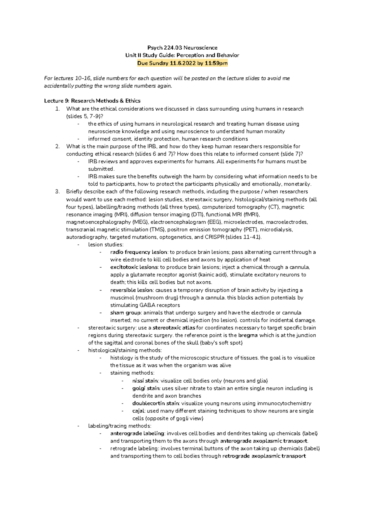 Psych 224.03 Unit II Study Guide: Perception & Behavior Analysis (F22 ...