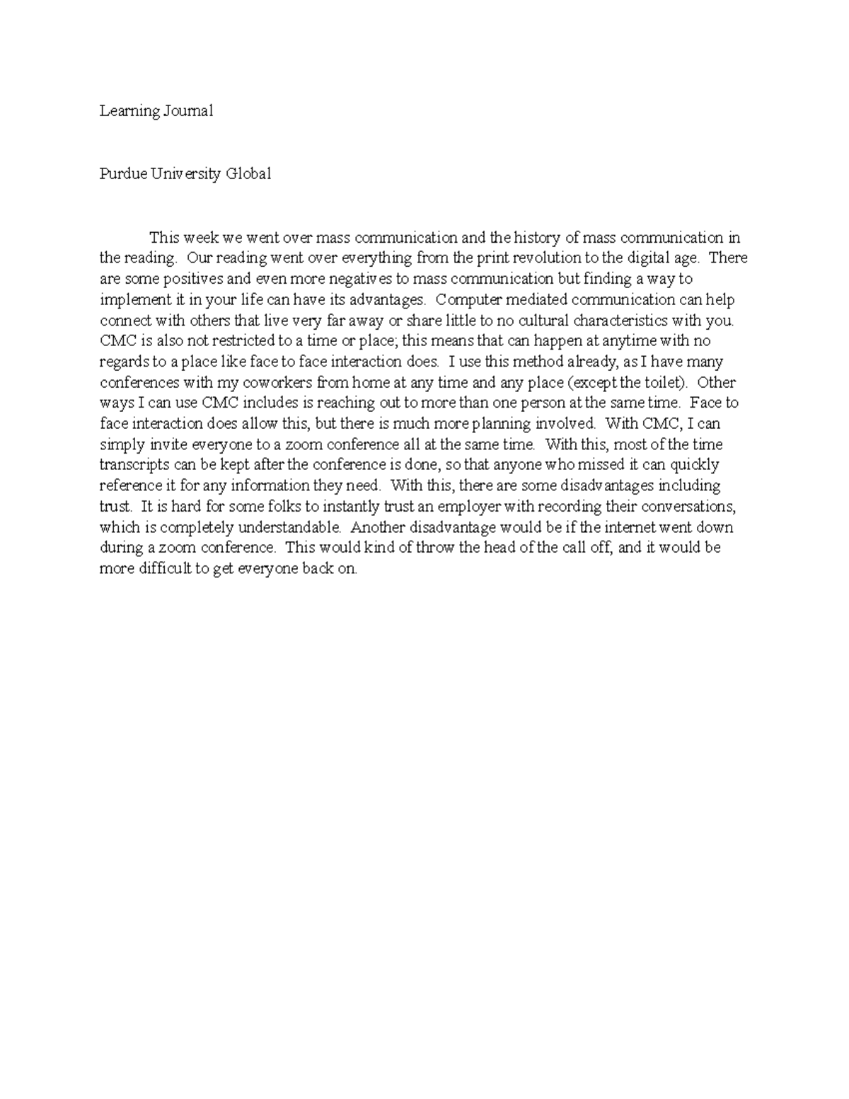 Learning Journal: Mass Communication Insights - Week 9 - Studocu