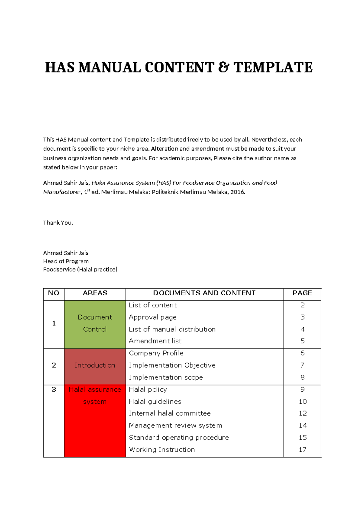 HAS Manual Content & Template for Halal Assurance System (HAS) - Studocu